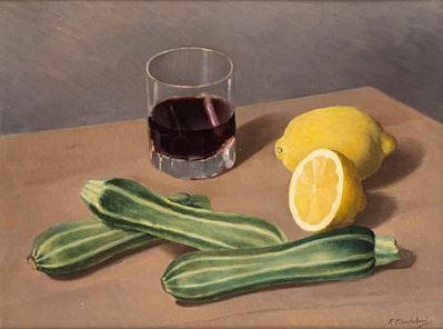 Natura morta con zucchine, olio su tavola