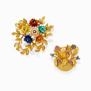 Two 18K yellow gold, diamond, ruby and sapphire brooches