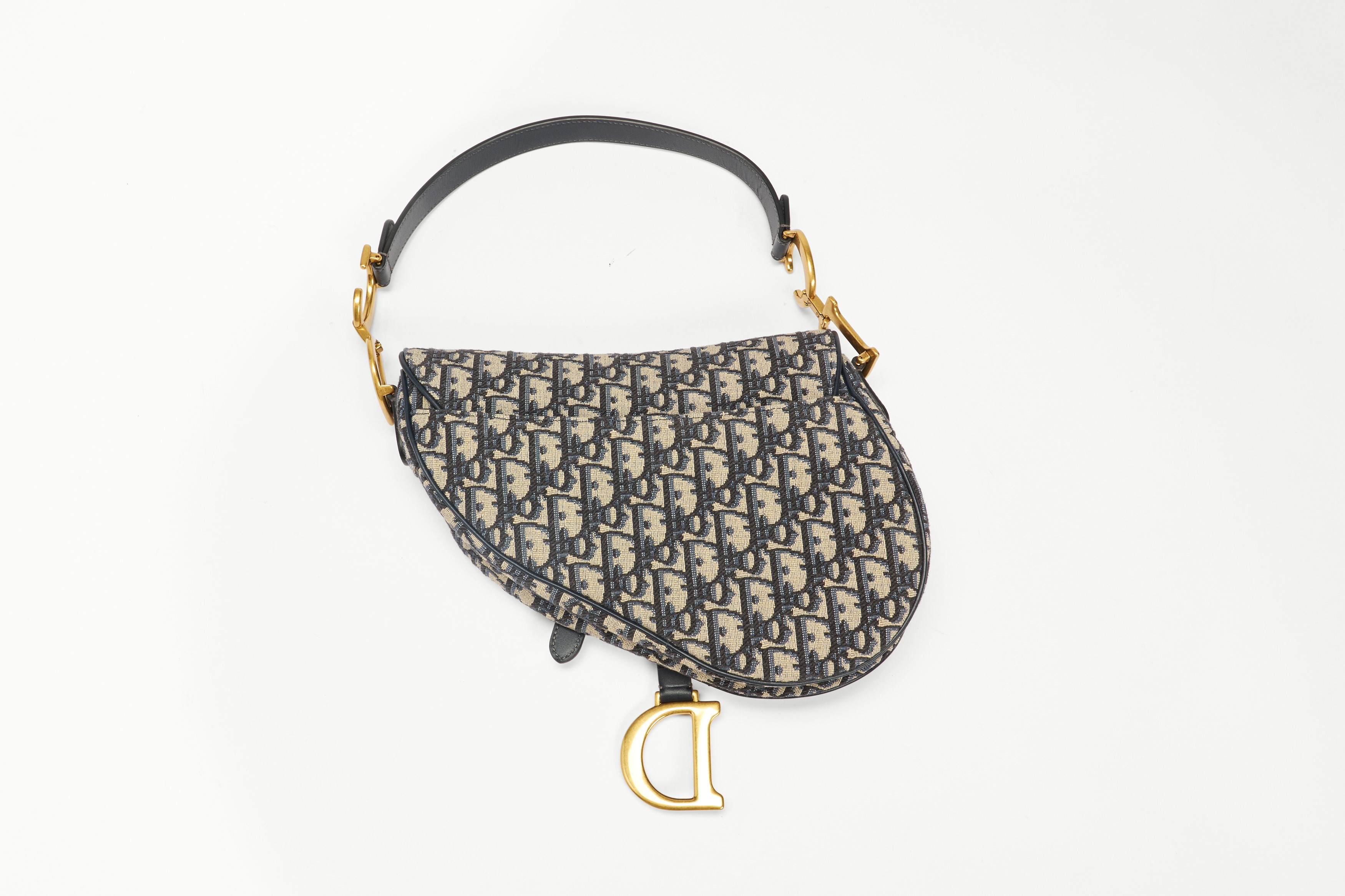 Christian Dior - Borsa a tracolla Saddle in tessuto jacquard e pelle blu
