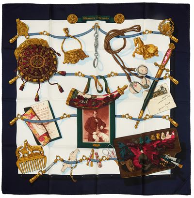 Caty Latham-Audibert, Foulard Mémoire d'Hermès, seta, bianco e blu, 1997