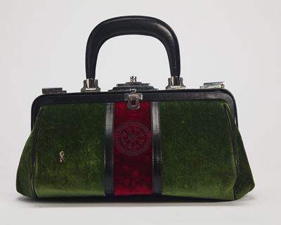 Borsa Bagonghi, in velluto verde e rosso con dettagli in pelle nera