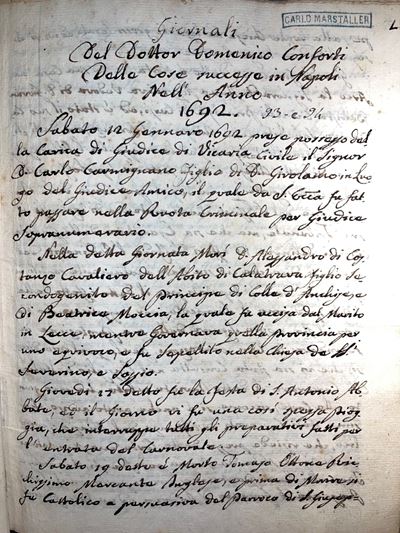 Manoscritto - Giornale delle Cose Successe in Napoli del Dottor Domenico Conforti