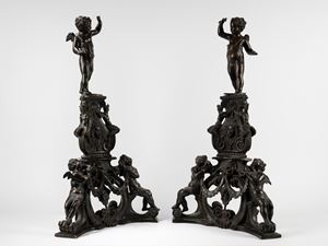 Pair of large bronze andirons. From a model by Niccolò Roccatagliata (Genoa 1559-Venice, 1629)