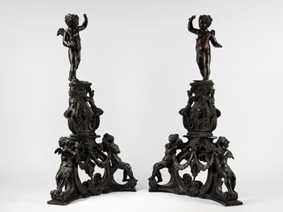Coppia di Grandi Alari in Bronzo. da un Modello di Niccolò Roccatagliata (genova 1559-venezia, 16...