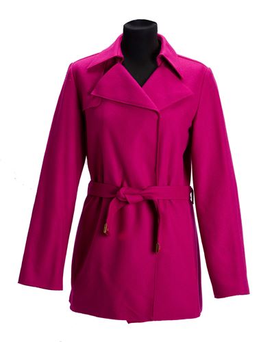 Cappotto in lana color fucsia con cintura e bottoni a pressione, taglia italiana 42