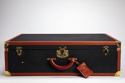 Valigia rigida modello 'Marco Polo', pelle nera e tela, anni '90