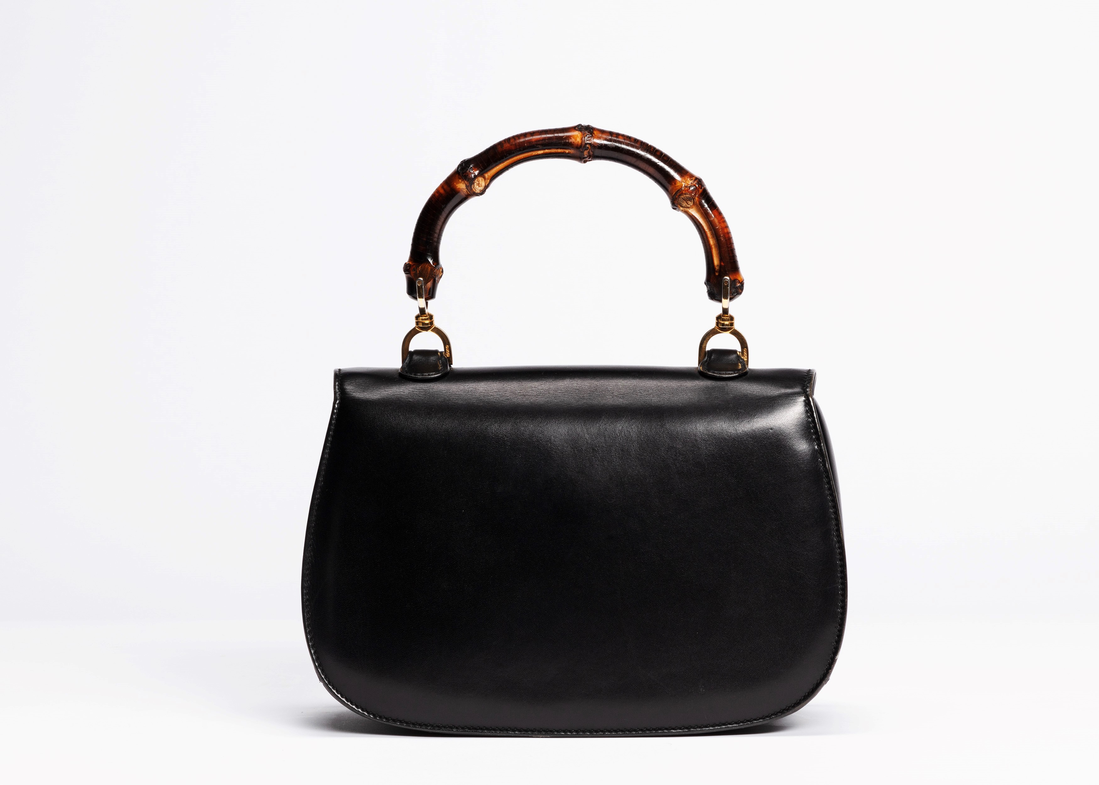 Gucci - Borsa in pelle nera con chiusura e manico in bambù
