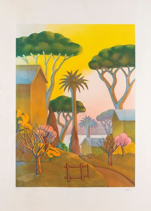 Landscape with pine trees and palm