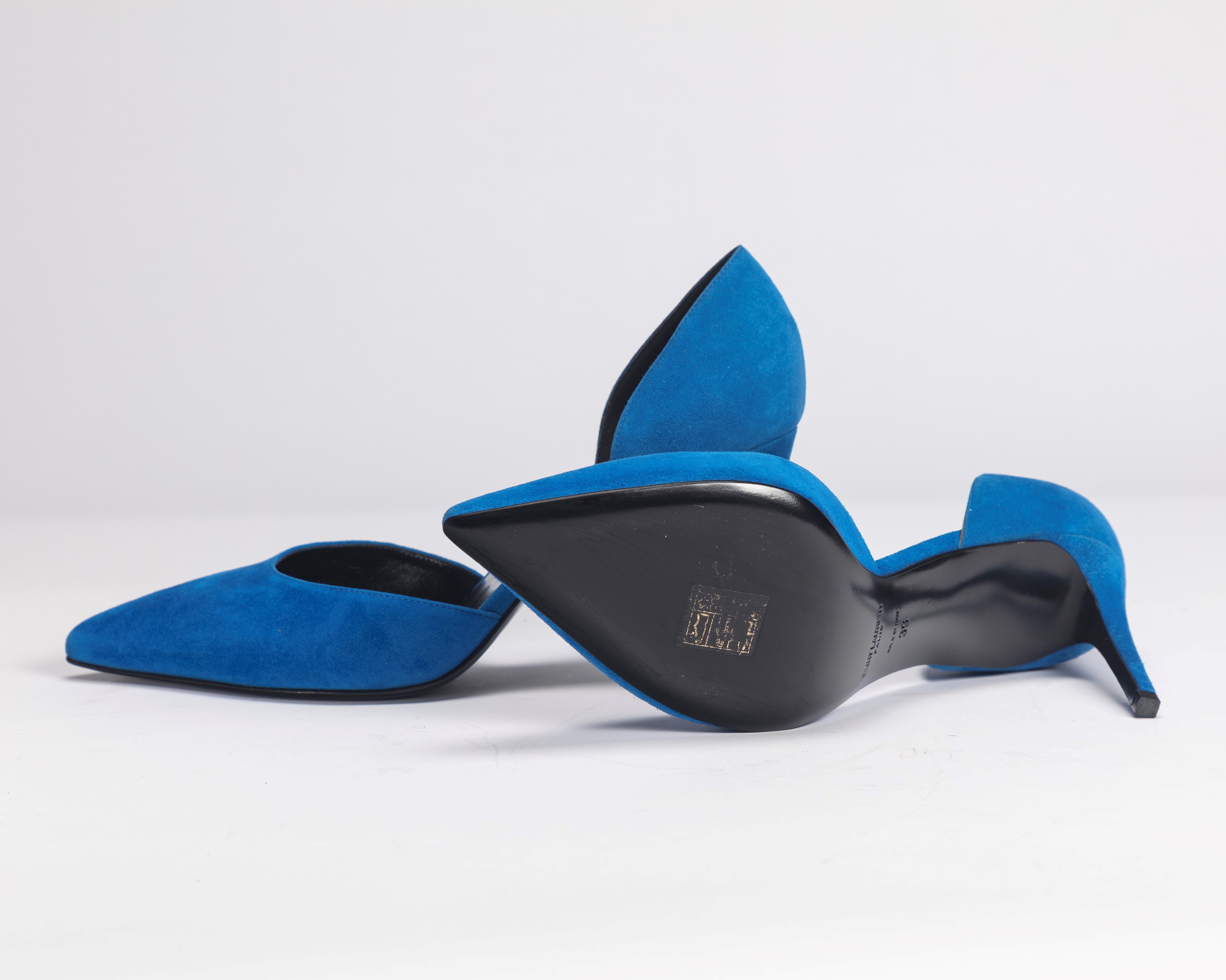 Saint Laurent - Scarpe décolleté in suede bluette, misura 39, tacco 8,5 cm
