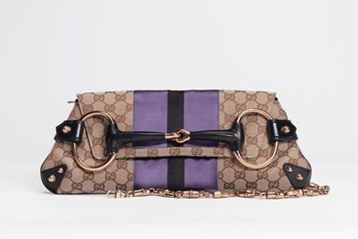 Horsebit, Borsa in tessuto logato con dettagli in raso di seta e metallo dorato
