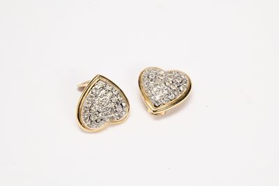 Orecchini a cuore in metallo dorato e strass con clip a lobo