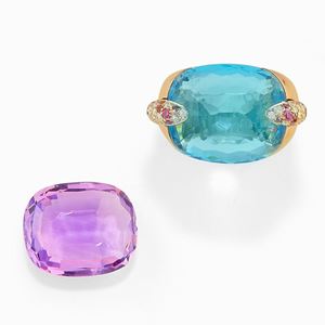 A 18K two-color gold, topaz, diamond and amethyst ring, Pomellato, with box