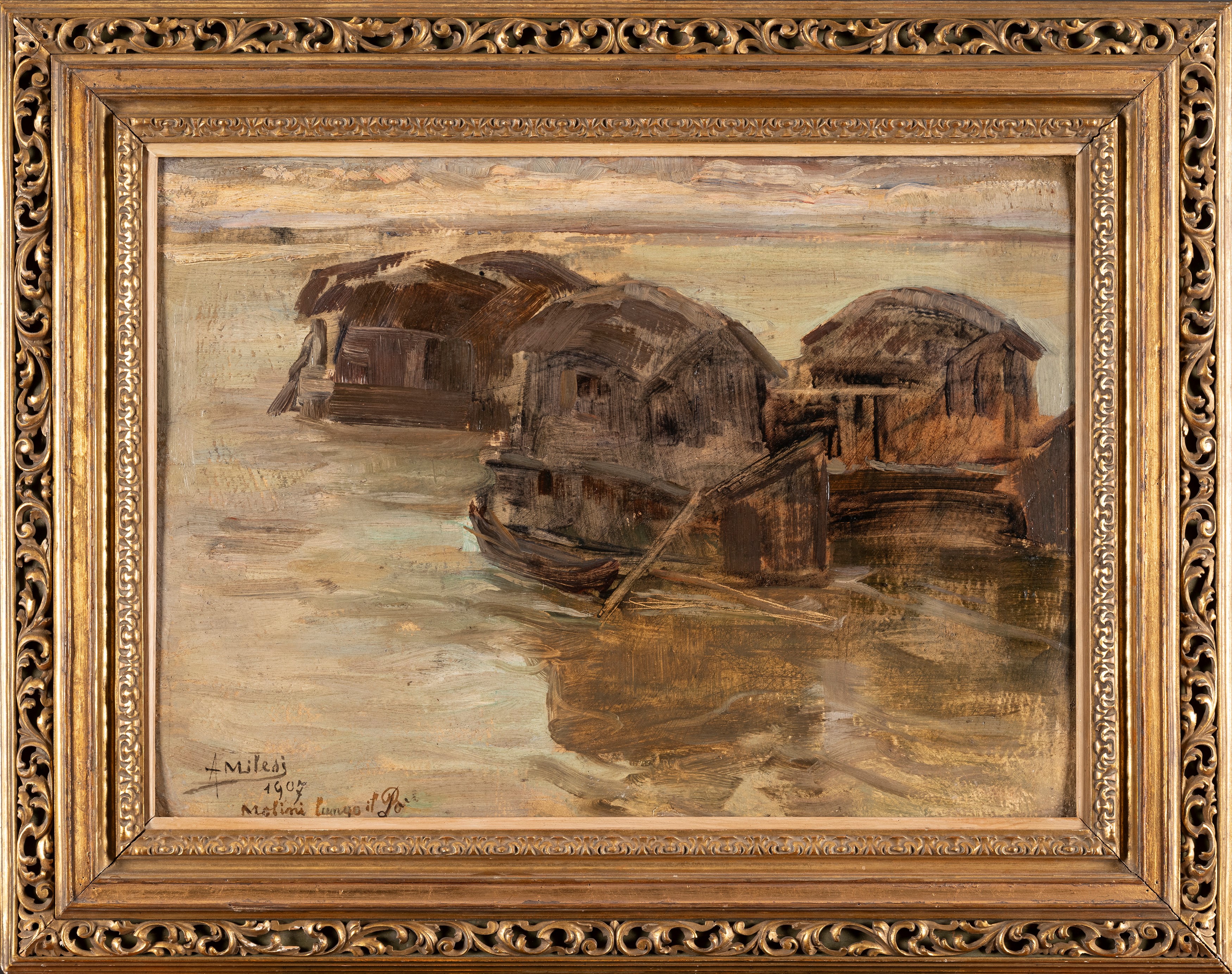 Alessandro Milesi - Molini lungo il Po, olio su cartone