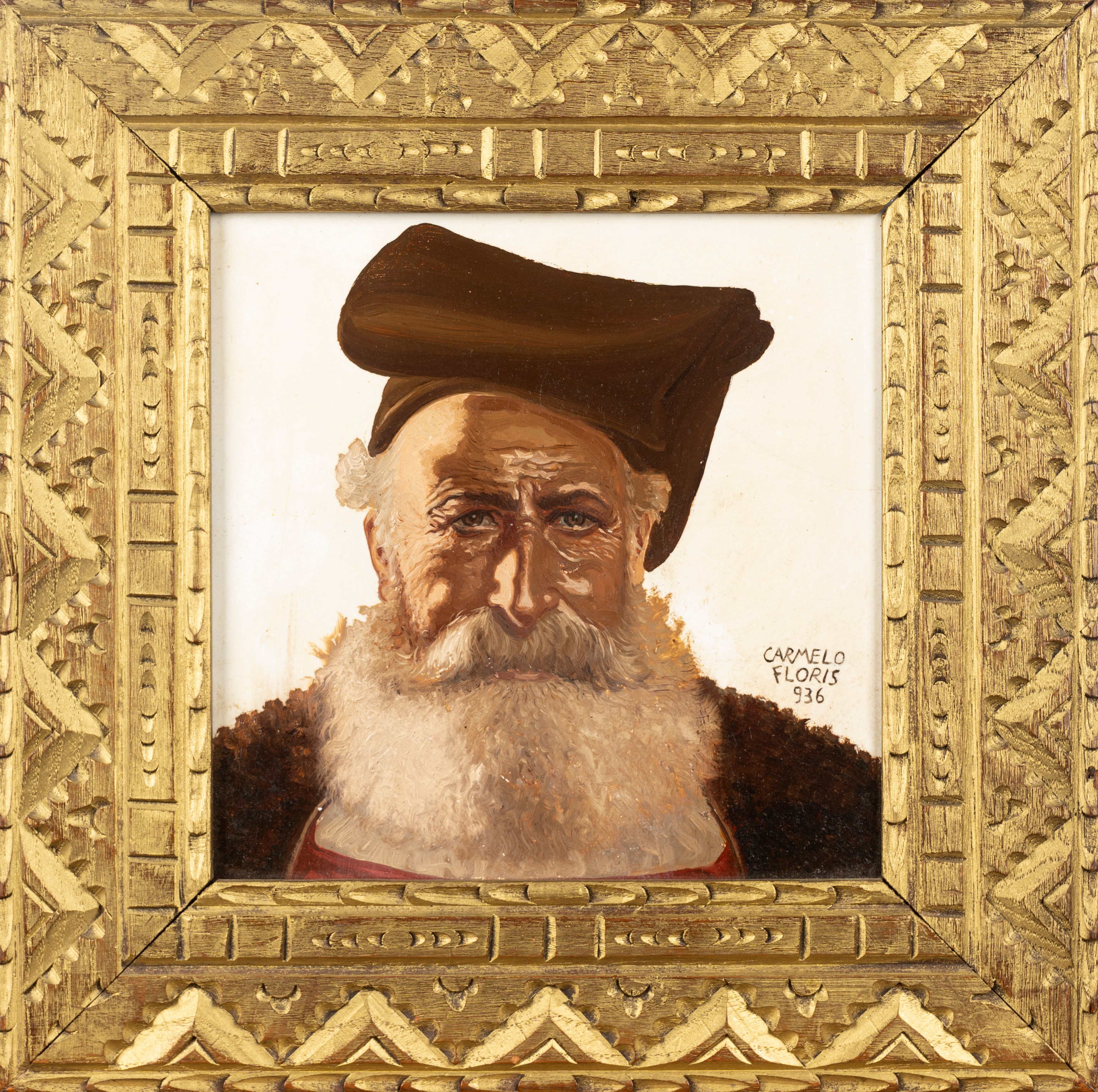Carmelo Floris - Ritratto di anziano, olio su maiolica
