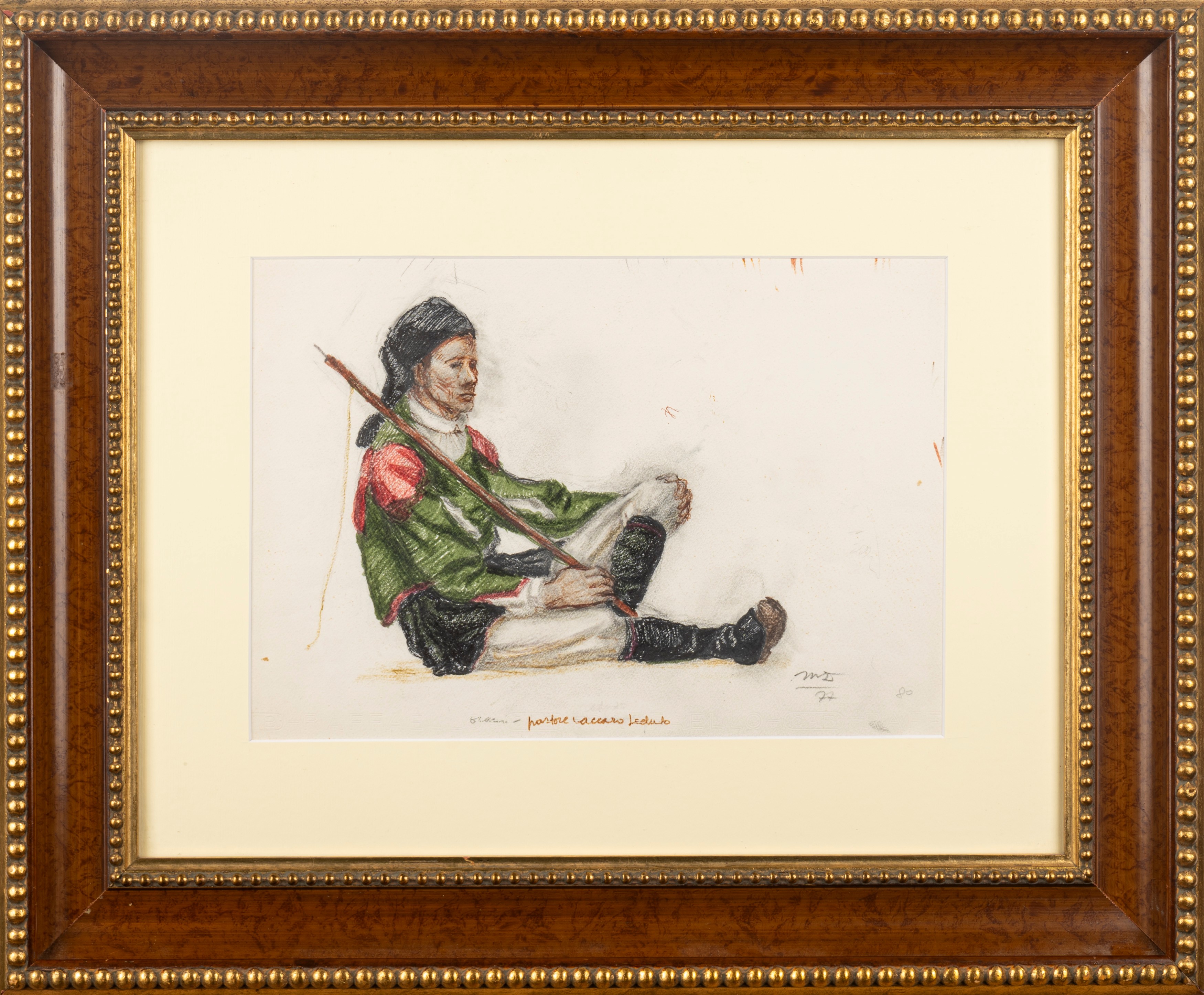 Mario Delitala - Pastore vaccaro seduto, pastello su cartoncino