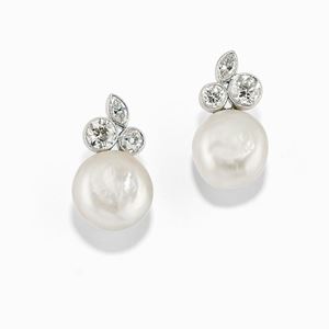 A 18K white gold, diamond and freshwater natural pearl earrings, with certificate