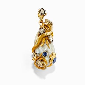 A 18K yellow gold, silver, emerald, sapphire, diamond and freshwater natural pearl pendant, with certificate