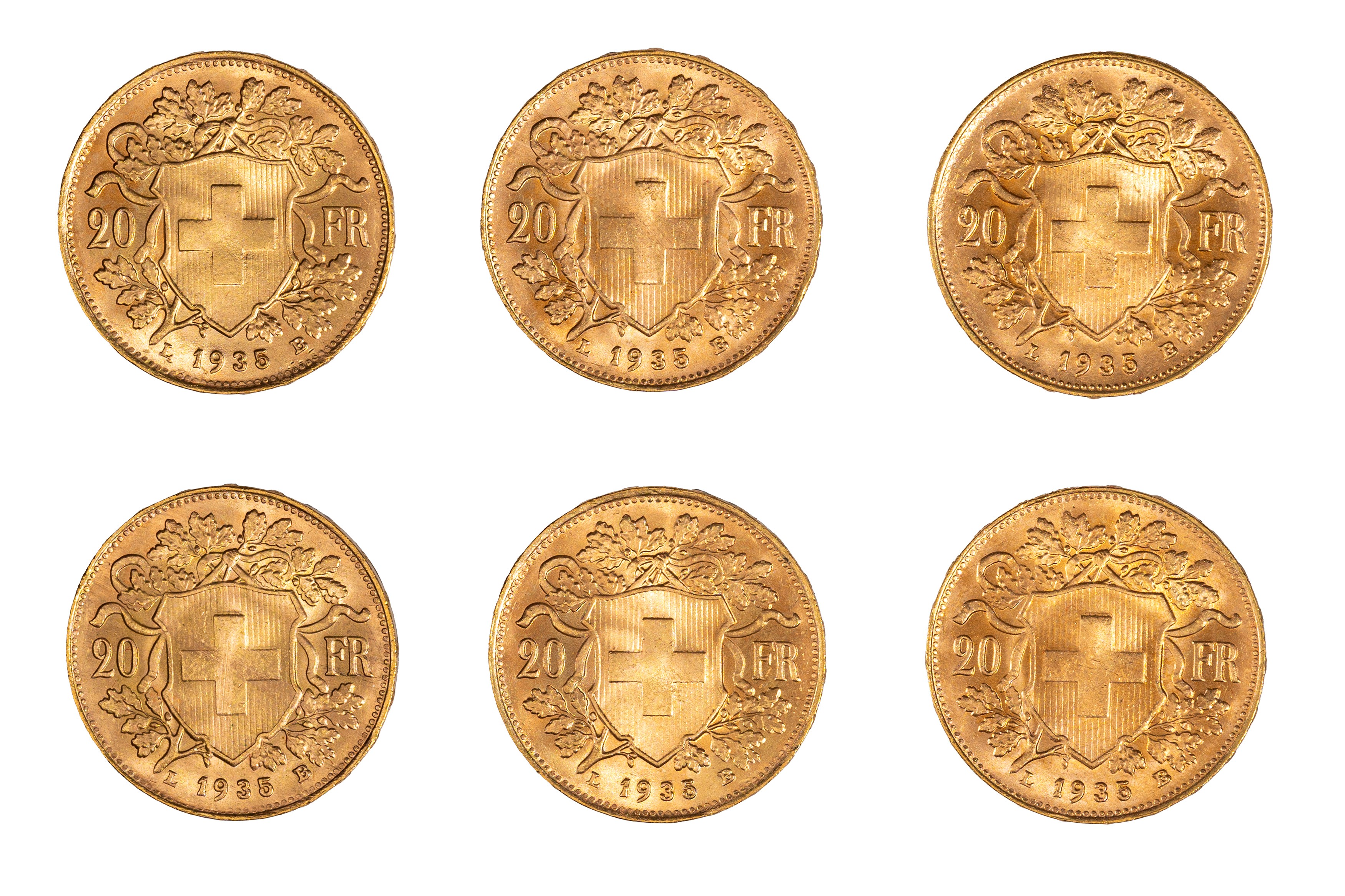 Stato Federale Svizzero - lotto di 6 monete da 20 Franchi