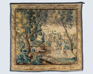 Arazzo decorato con scena pastorale in paesaggio agreste. Fiandre, secolo XVII