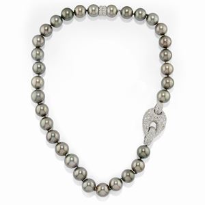 An important 18K white gold, cultured pearl and diamond necklace