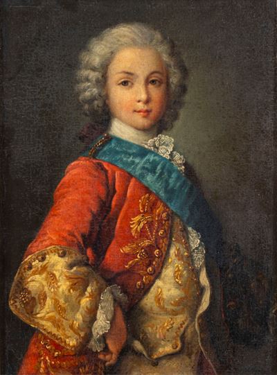Autore sconosciuto, Ritratto di giovane gentiluomo a tre quarti di figura con parrucca, olio su t...