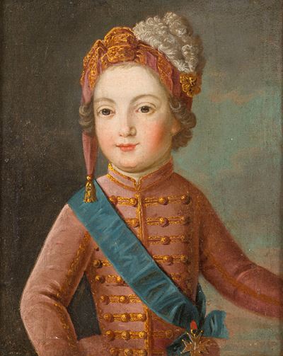 Ritratto di bambino in uniforme con copricapo piumato, olio su tela