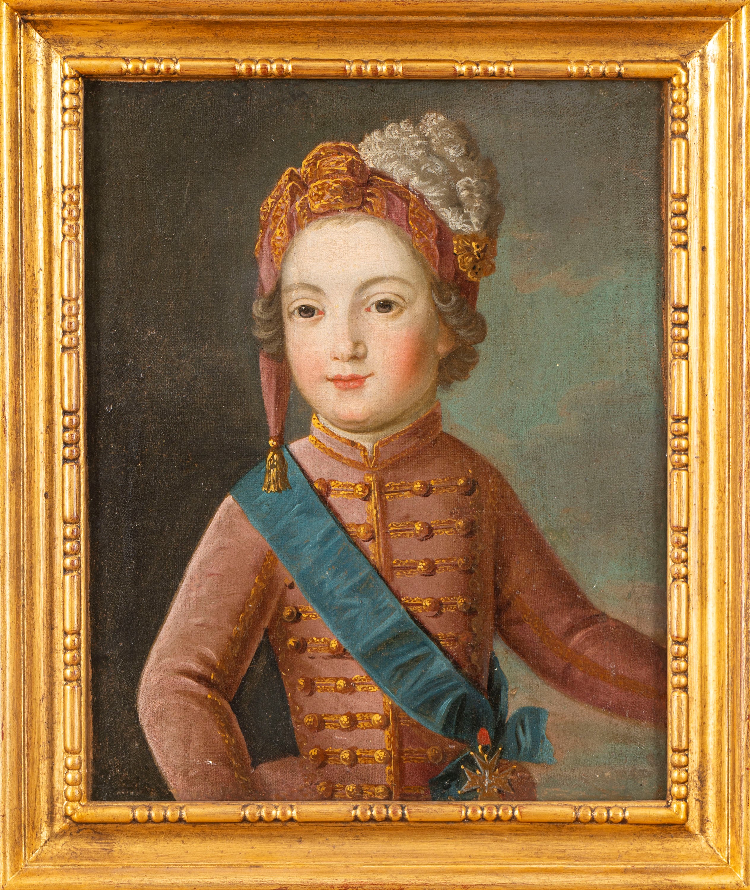 Scuola Italiana, Secolo XVIII - Ritratto di bambino in uniforme con copricapo piumato, olio su te...