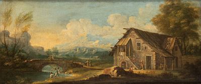 Domenico Pecchio, Paesaggio fluviale con casolare e ponte di pietra, olio su tela