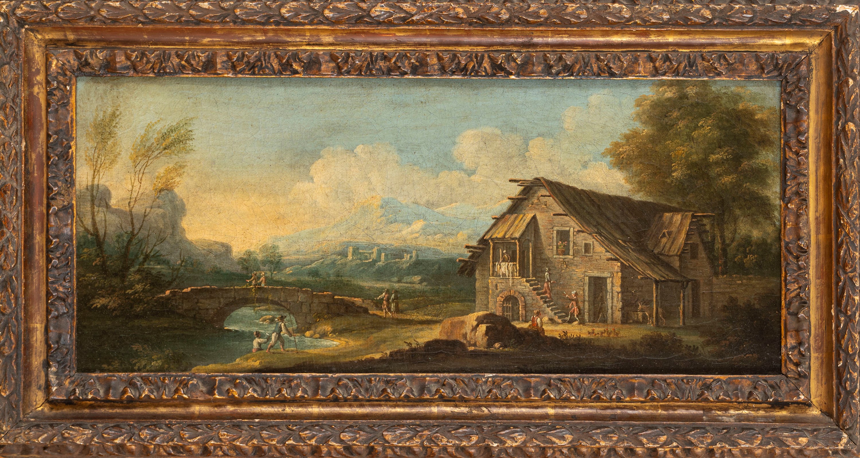 Scuola Veneta, Secolo XVIII - Domenico Pecchio, Paesaggio fluviale con casolare e ponte di pietra...