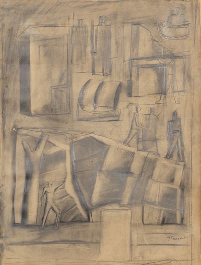 Figure (matita e matita grassa su carta applicata su cartone)