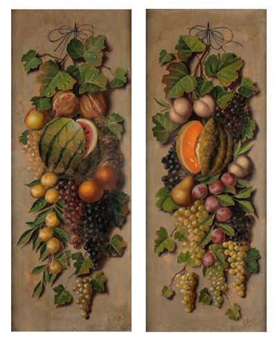 Nature morte di frutta, coppia, olio su tela