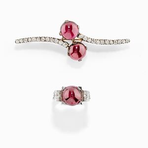 Lot of silver, 18K two-color gold, garnet, diamond jewels