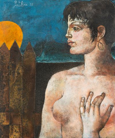 Ragazza con la luna, olio su tela sabbiata