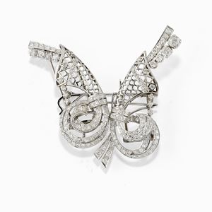 Spilla doppia-clip in oro bianco 18K e diamanti taglio vecchio e huit-huit ct 3,50