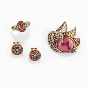 Lot of silver, low-carat yellow gold, ruby and diamond jewels