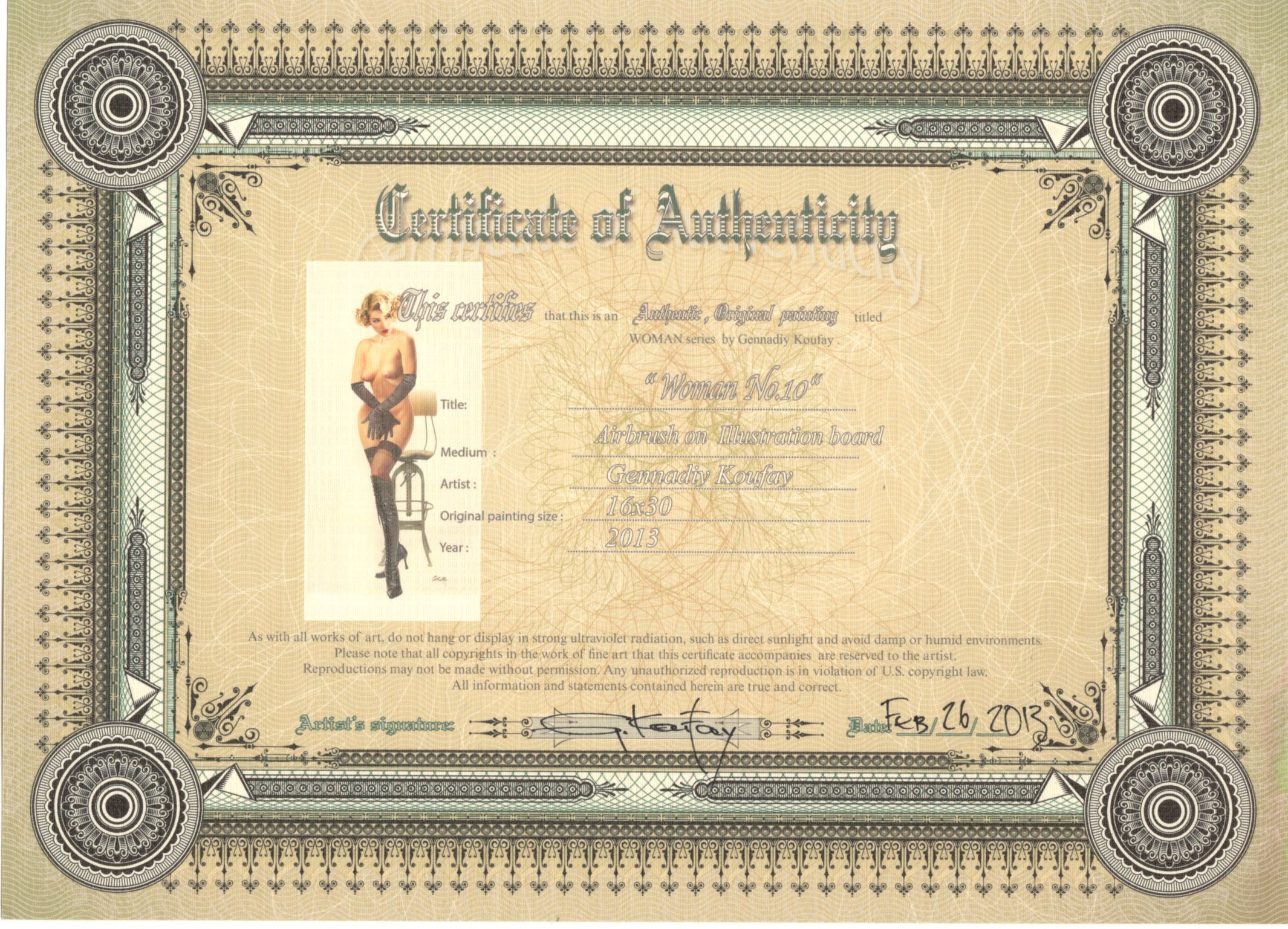 Gennadiy Koufay - Woman in blonde, aerografo su cartone, 41 x 76 cm, 2013