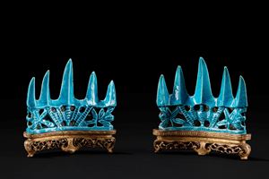 TWO TURQUOISE GLAZED MOUNTAIN BRUSH RESTS