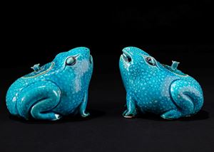 Coppia di ranocchie con coperchio in porcellana invetriata turchese