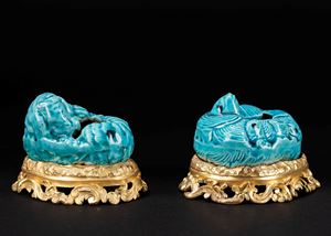 Due sciacqua pennelli in porcellana invetriata turchese montati a ormolu