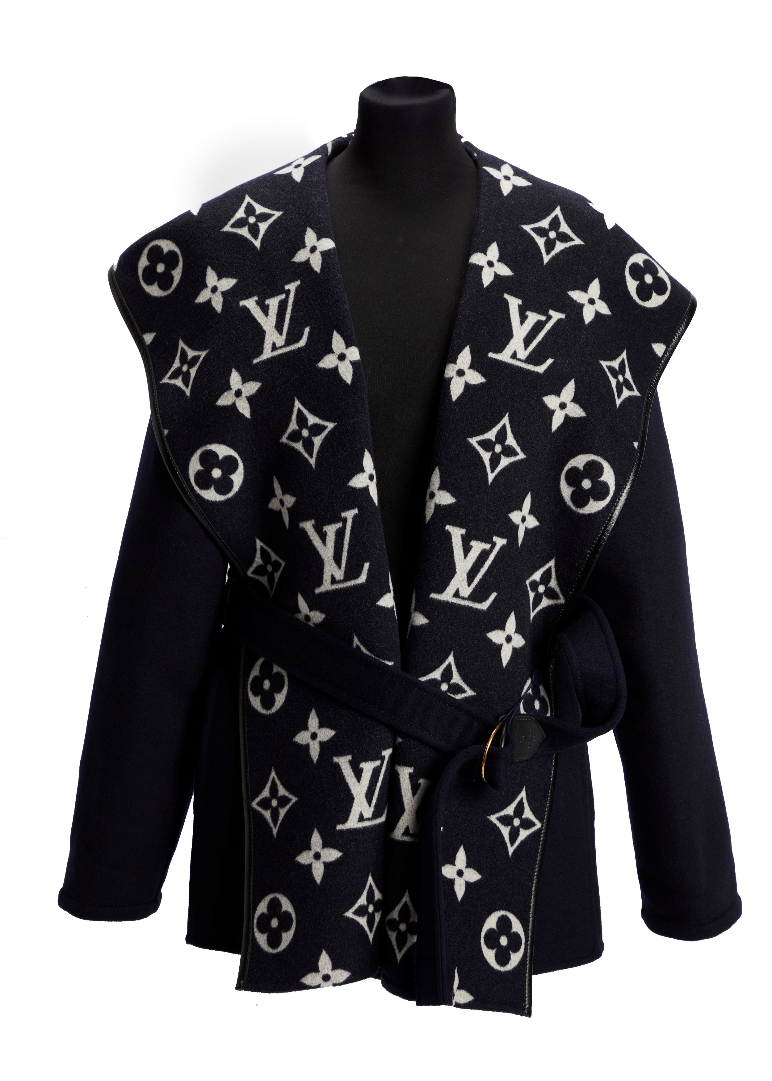 Louis Vuitton - Giacca con cappuccio in lana blu notte, dettagli in pelle nera
