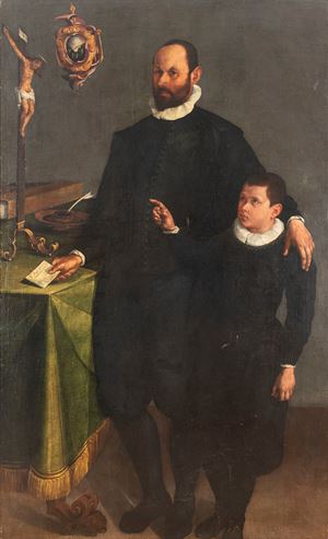 Ritratto di gentiluomo con figlio, a figura intera, presso uno scrittoio (tradizionalmente Girolamo Salamoni)