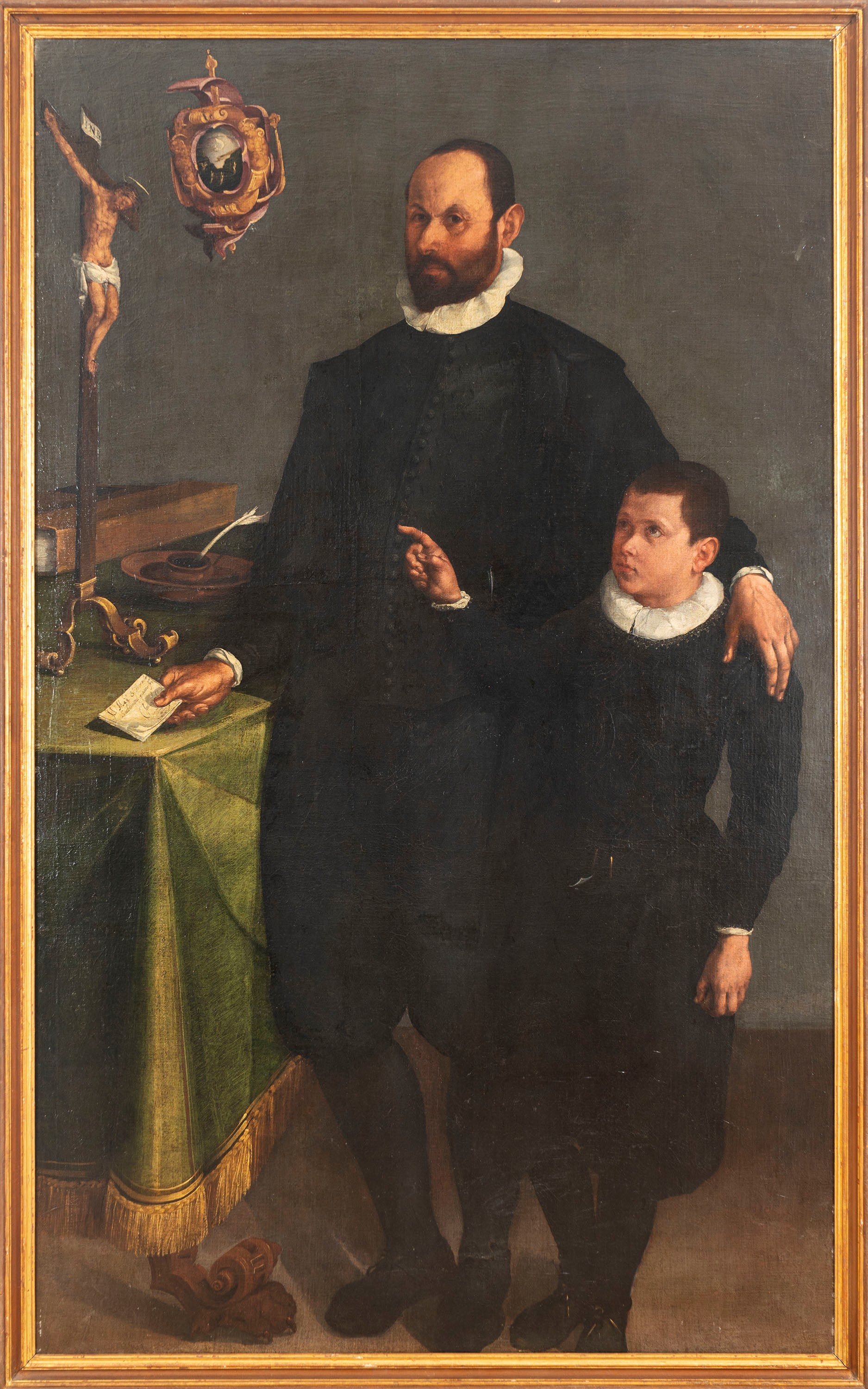 Ritratto di gentiluomo con figlio, a figura intera, presso uno scrittoio (tradizionalmente Girola...