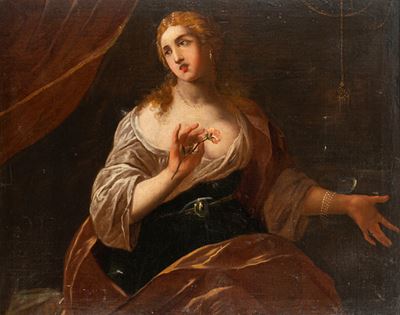 Autore non identificato, Donna con fiore (Vanitas?), olio su tela