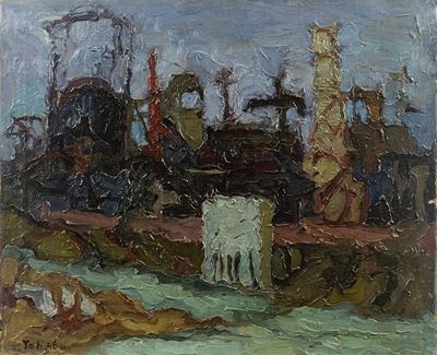 Fabbriche sul Tevere, olio su tela, 1946