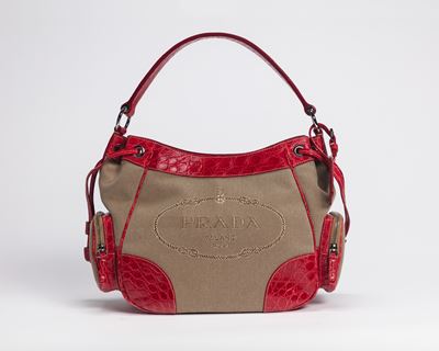 Borsa Logo Jacquard, in tela color corda con dettagli in pelle stampata rossa