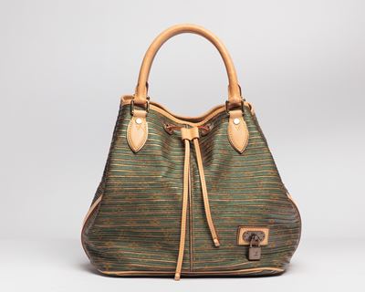 Borsa Secchiello Eden, tessuto e pelle a righe verdi e oro