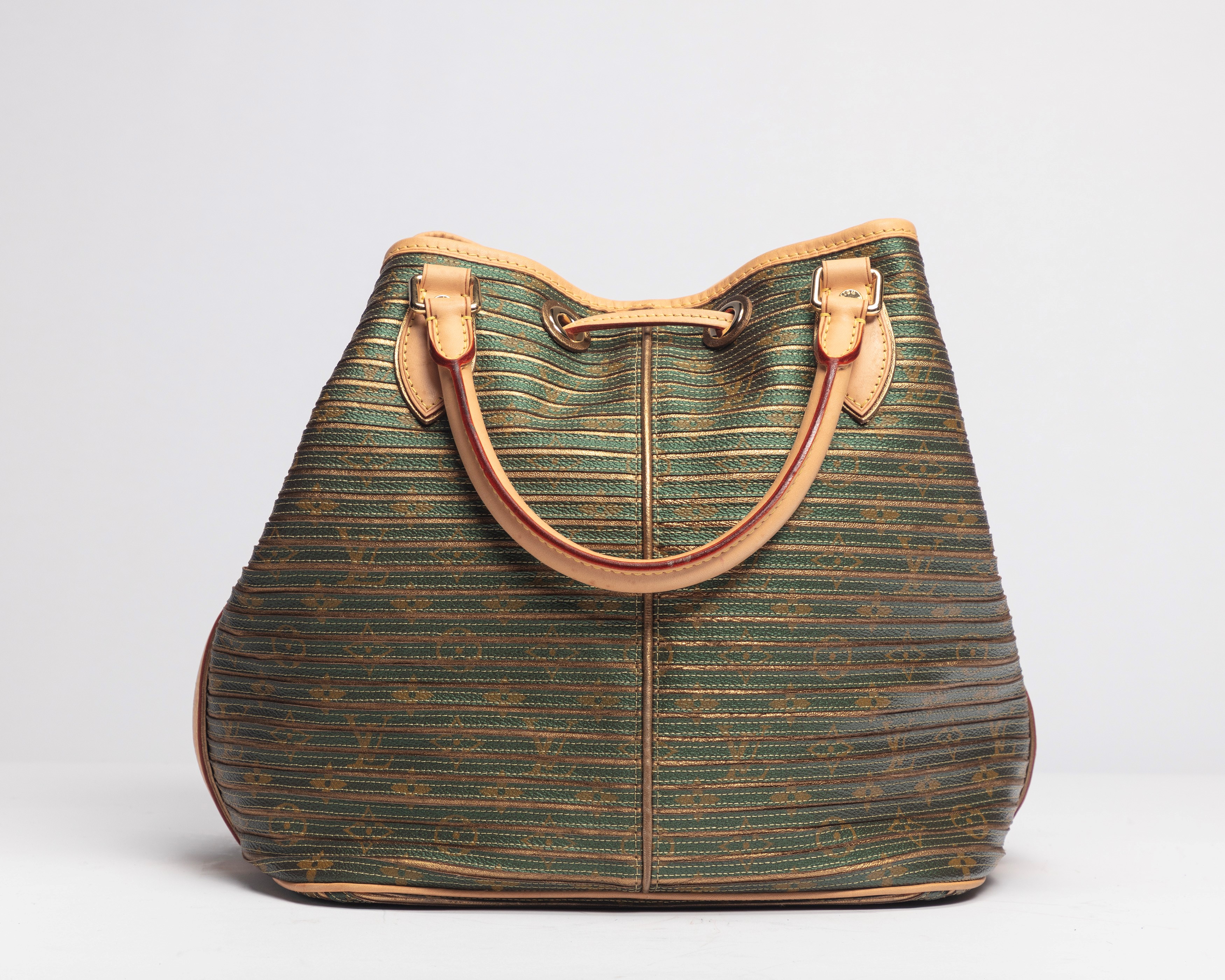 Louis Vuitton - Borsa Secchiello Eden, tessuto e pelle a righe verdi e oro