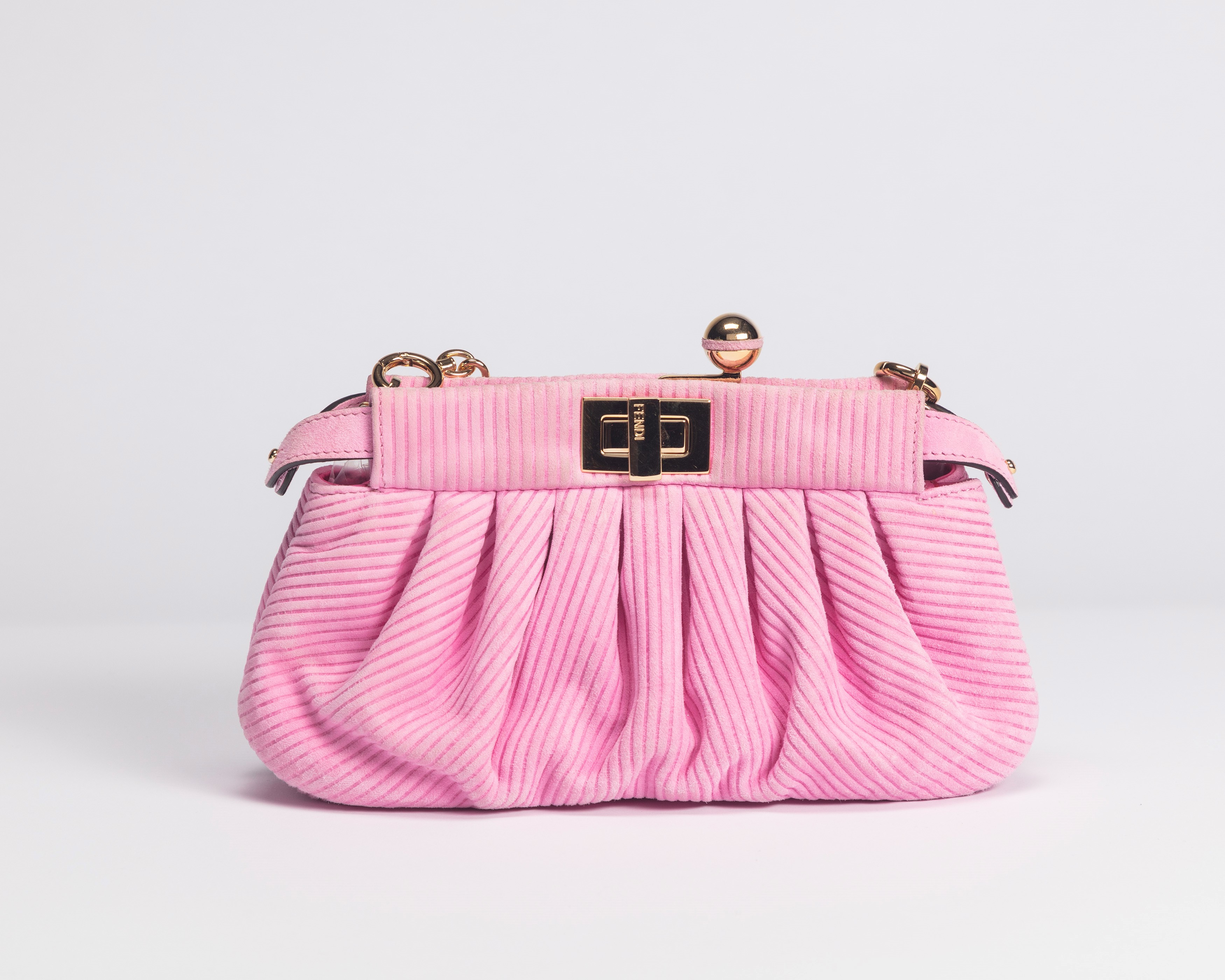 Fendi - Borsa Peekaboo Lollipop, camoscio rigato rosa con tracolla a catena
