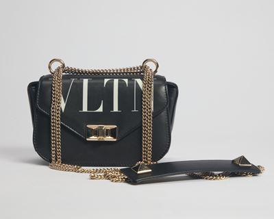 Mini VLTN, borsa in pelle nera con tracolla a catena