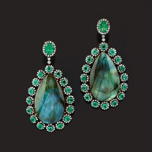 A silver, 18K yellow gold, diamond, labradorite and emerald earrings
